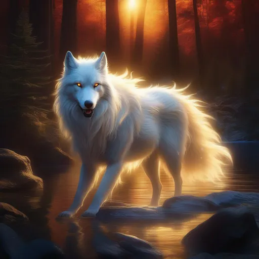 Prompt: Insanely beautiful (canine quadruped) that is glowing, thick pearl-white fur, billowing golden mane, on two legs, translucent, luminescent, illusion, glistening fiery mane, glows like the sun, flaming red eyes, majestic wolf face, energetic fox, in a magical forest near a lake, sunrise, beneath the stars, crystal lake, waterfall, bioluminescent, highres, best quality, concept art, epic digital art, intricately detailed, cinematic, 8k eyes, highly detailed eyes, highly detailed, 64k, vibrant, UHD, professional