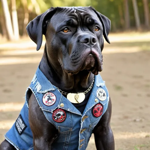 Prompt: Cane Corso wearing a heavy metal music denim vest with patches