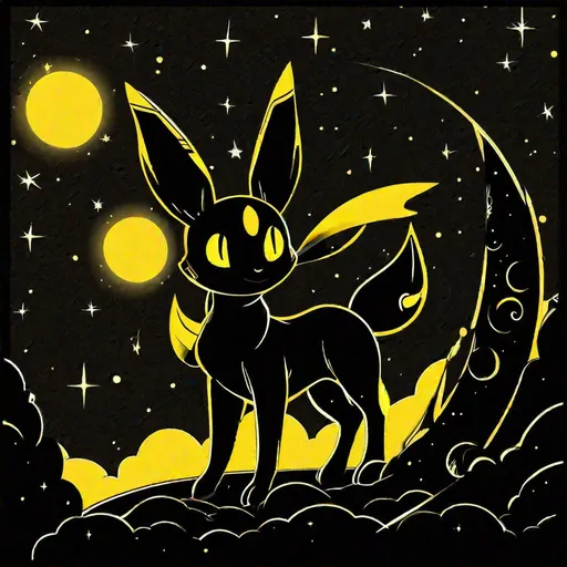 Prompt: outline art style, umbreon from Pokemon looking at the moon, yellow colors, black background, best quality, masterpiece