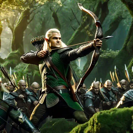 Prompt: realistic photo of magnificent Legolas, holding his glorious (bow), surrounded by bald Orc soldiers, Green Forest in the background, 4k, highly detailed, intricate details, 