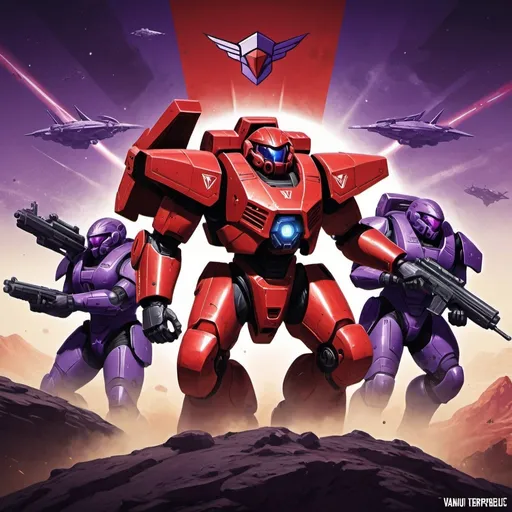 Prompt: "Design a modern-style propaganda poster depicting the powerful red TR (Terran Republic) team defeating the purple VS (Vanu Sovereignty) team. The TR soldier should be bold, dynamic, and dominant, using wartime imagery like red killing purple. The VS team should appear weak and defeated under the force of the TR. Include a short slogan at the top in bold, vintage typography: 'Victory Through Strength.' Use a classic planetside2 color palette with an emphasis on red for the TR, while the VS color should be secondary."