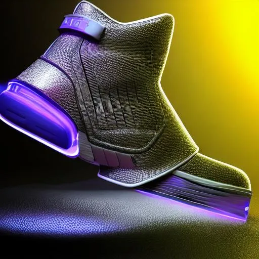 Prompt: realistic 8 k sculpture of 1 futuristic sneaker with neon illuminated rubber soles and soft violet shoelaces on a textured black surface, clean 3 d render, beautiful studio lighting, soft, sharp focus, cyberpunk, intricate detail, gold accents, soft rubber, octane render, trending on artstation, deviantart, art by syd mead