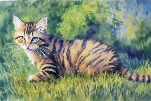 Prompt: exploring cat, realistic cat, wild cat, beautiful background, realistic, watercolor, impressionist, monet, fullbody, erin hunter warrior cats, journey, oil painting, realistic fur