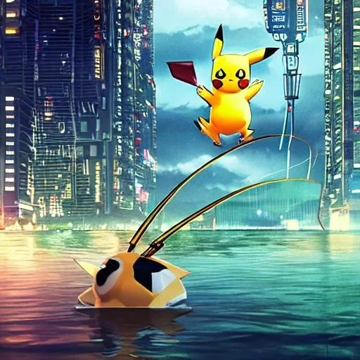 A pikachu fishing. Cyberpunk lake background.