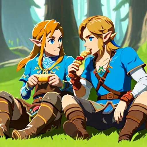 Zelda breath of the wild with link eating a hotdog w... | OpenArt