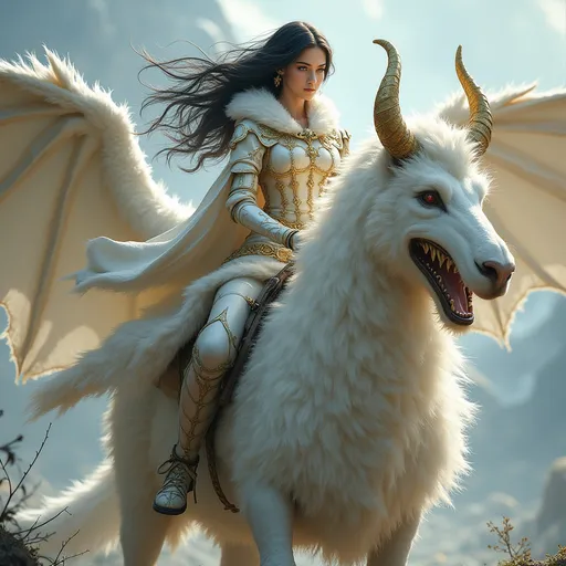 Prompt: (epic fantasy character art), a woman with (long flowing dark hair), wearing (white metallic armor) and a (white and gold furry cape), riding on a majestic mythical creature, capturing the grandeur of a fantasy realm, intricate detail, full of dynamic movement, rich textures, enchanted atmosphere, dramatic lighting, vivid contrast, inspiration from Aleksi Briclot's furry art, ultra-detailed, high quality.