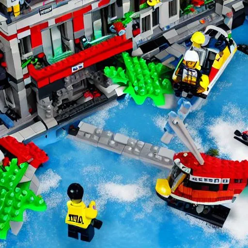 a man has fallen into a river in lego city HEY build OpenArt