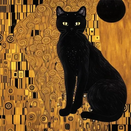 Prompt: black cat in the style of Gustav Klimt