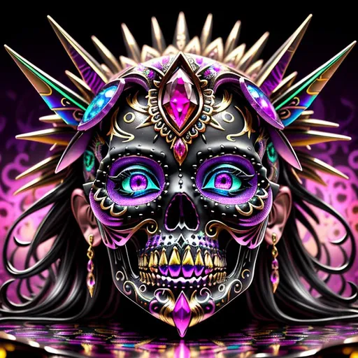 Prompt: {center shot}, 3D, HD, Primal, Epic, Heroic, beautiful freeform colorful chaos, {one}({liquid metal {Sugarskull}} with {purple gold pink green red silver blood}ink), expansive psychedelic background, ultra detailed full body artistic photography, detailed Gorgeous detailed face, shadows, oil on canvas, brush strokes, ultra sharp focus, ominous, matte painting movie poster, golden ratio, epic, intricate, cinematic character render, hyper realistic, 64K --s98500