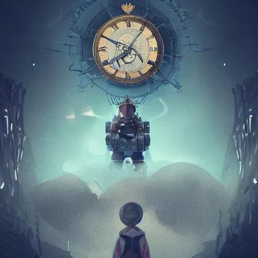 Prompt: man with crown, mechanical gear, Mechanical gear,,Giant clock,prayer,out of time and space,dreamy, eternity, romantic, epic, artstation, 