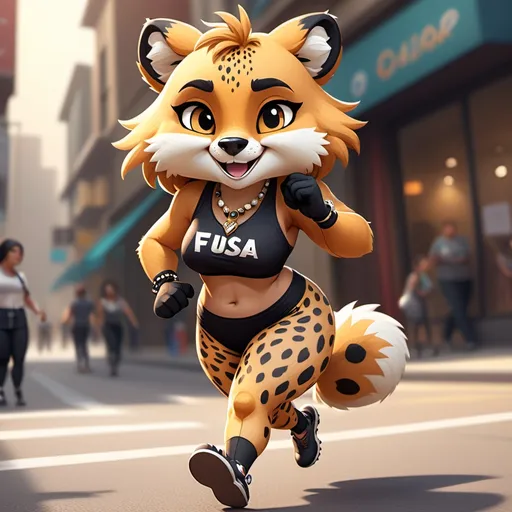 Prompt: ultra-detailed, best_quality, (curvy, cute, alluring anthropomorphic furry, Fursona, cheetah fox bear woman), detailed smiling and expressive facial features, full body, wearing running outfit, jewelry and ear piercings