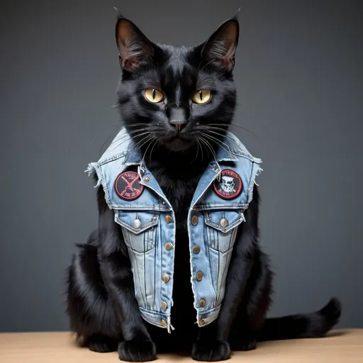 Prompt: black cat wearing a heavy metal music denim vest with patches