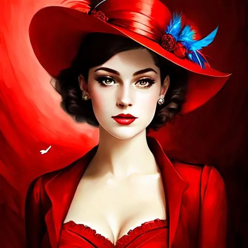 Prompt: fashionable 1st class  female passenger on the Titanic, pale skin, dark styled hair, large lips,  looking sad, facial closeup, vibrant colors, red dress and elaborate hat with feathers
