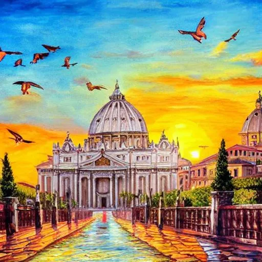 Prompt: beautiful painting of rome italy with birds and a sunset