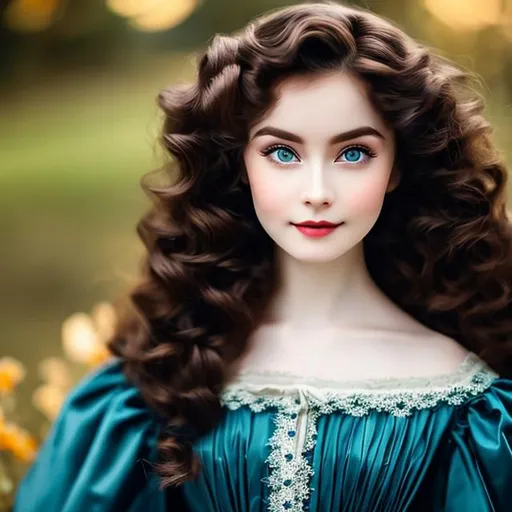 Prompt: Woman Dark brown long hair, with pale skin,blue eyes, with 35 years , small stature, side by side with ,little girl, red curly hair,18th century aesthetic