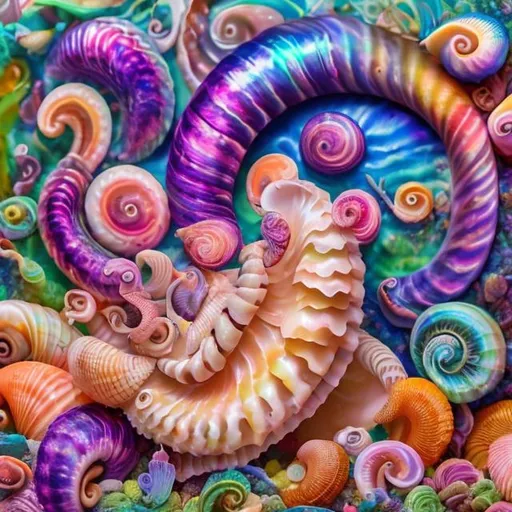 Prompt: Mollusk seashell diorama in the style of Lisa frank