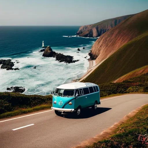 Prompt: a Volkswagen van on the way going to a lighthouse on a curved mountain at night ocean view
