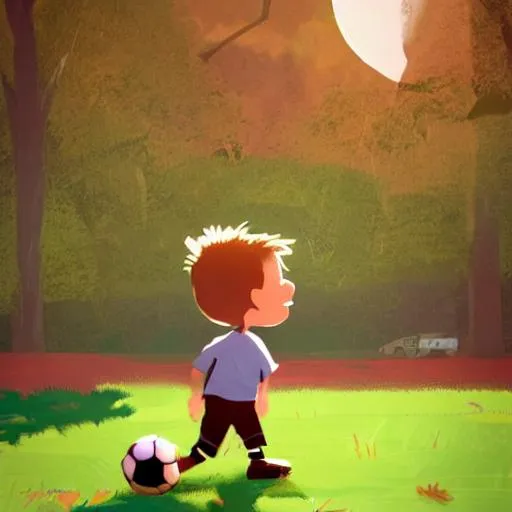 Prompt: A boy playing with a ball on a soccer field, golden hour, digital art, trending on artstation and unreal engine, Calvin and Hobbes style