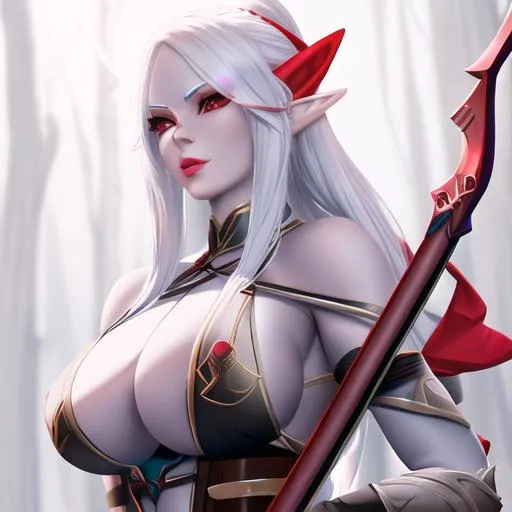 Prompt: size plan of a realistic beautiful drow elf with pale skin, red eyes and white hair, holding bow, extra detailed, busty, 8K
A hunter from D&D universe.
 