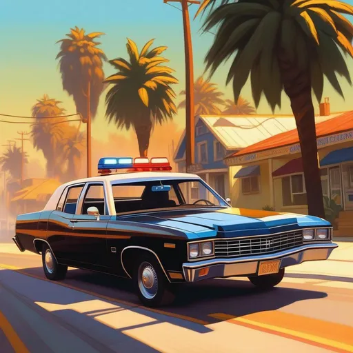 Prompt: GTA San Andreas, car chase, cops, cartoony, sunny atmosphere, extremely detailed painting by Greg Rutkowski and by Henry Justice Ford and by Steve Henderson