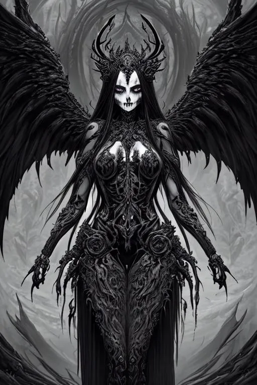 Prompt: Dark art, Female Hel the Nordic Goddess of death, 
 long black hair, half skeleton face, artstation, hyperdetailed intricately detailed, unreal engine, otherworldly, intricate detail, splash screen, dark colors, 8k, DeviantArt masterpiece, oil painting, heavy strokes, wings, doom eternal, tormented souls, standing, looking at the horizon, suffering, humanoid