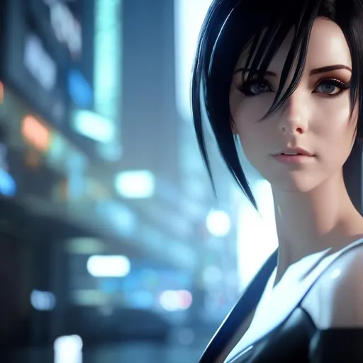 Prompt: A photo realistic illustration, rendered in Unreal Engine 5.0, of a beautiful Re-l Mayer from Ergo Proxy (2006) in her 30s with Electric Blue eye makup under a black suit with shoulder length straight black hair, intricate, seductive, Dark Fantasy, Japanese Cyberpunk, Sc-Fi, Surrealist, Anime, by Shûkô Murase, Funimation, DeviantArt, artstation, Midjourney, cgsociety, digital painting, Dark black, seductive, symmetrical body, vivid, tone mapping, colorgrading, HD, ray tracing, 8K, 4k, sharp focus, natural lighting, soft shadows, chromatic abberation, depth of field.