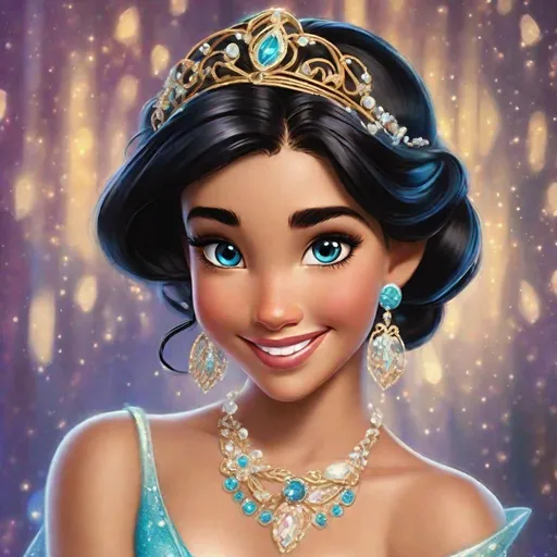 Prompt: Vivid, detailed, Disney classic art style, Jasmine Disney princess, smiling, sparkling glittering gown, cloth headband with jewel