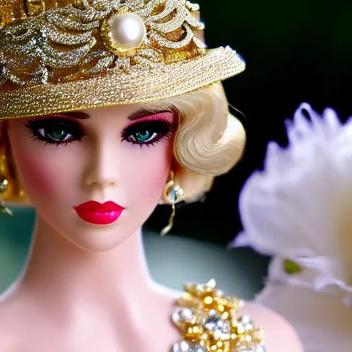 Prompt: ((Cinematic high quality)) ((portrait masterpiece photo)) Gatsby, daisy Buchanan, Myrtle Willson, Barbie doll, 1920's fashion, Gold jewelry, flowing champagne, 