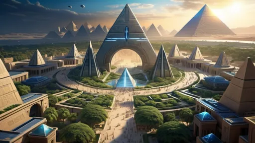 Prompt: Stargate in the middle of a city plaza, futuristic setting, aerial view, star portal, pyramid spaceships, floating pyramids, hanging gardens, detailed fantasy art, futuristic gardens, highres, detailed, aerial perspective, fantasy art, sci-fi, futuristic, star portal, detailed architecture, egyptian architecture, professional, magical lighting, atlantis setting