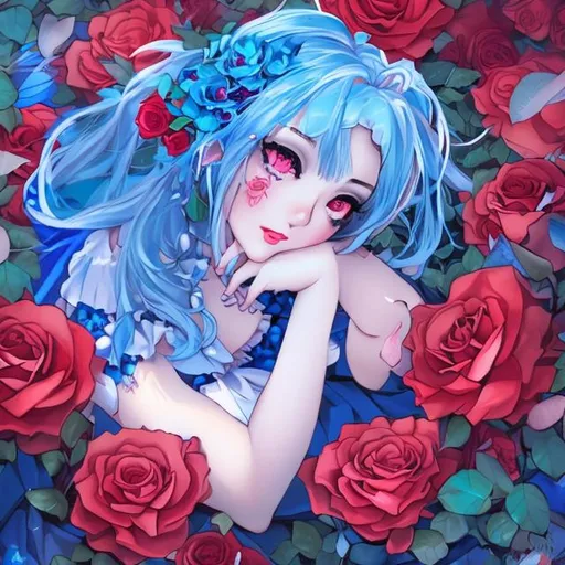 Prompt: Anime Girl wearing a blue dress with blue themed makeup laying in a big bush of red roses 🌹💙🧝🏻‍♀️