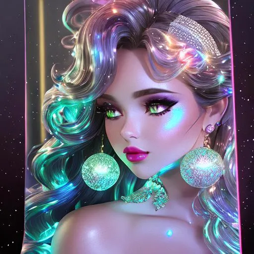 Prompt: Beautiful and sweet girl of warm glaze, wearing vaporous mini dress, discrete make up, glowing up, large curly black marine blue hair, light sparkles, drapping, big lips, pink cheeks, translucid, unreal engine 148k octane, 3d lightning, stellar clouds, quartz and opal, gem rain, soft white skin, long wavy hair, nice smile, luminous chest, fantasy, silence