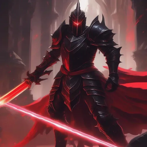 Prompt: a black knight with a red lazer sword and red aura around 