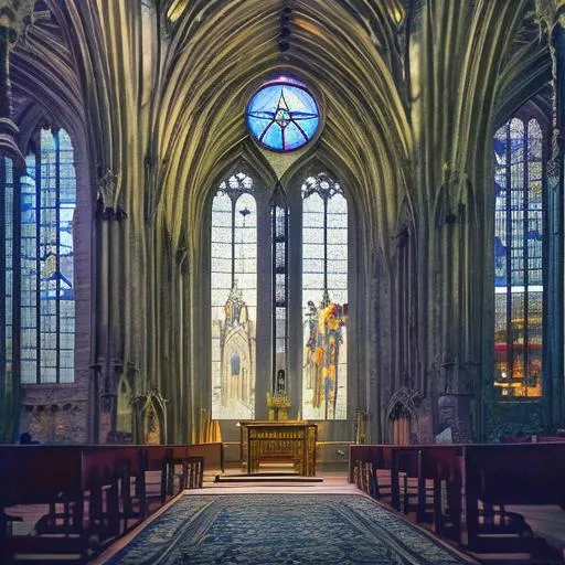 Prompt: inside Gothic style church, Stained glass windows, indoor scene, dark blue inside, light through windows, dust, intricate detail cinematography lighting, epic, cinematic, artstation, octane render,