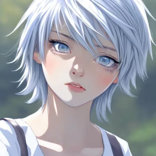 Prompt: young woman,  silver hair that is short , bored expression, blue eyes, soft lips, anime style