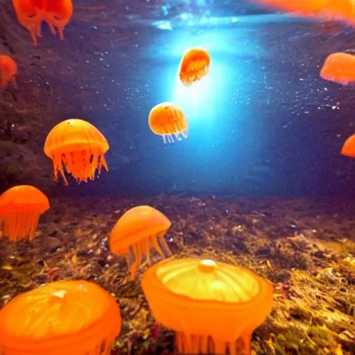 Prompt: orange jellyfish in a lushes forest