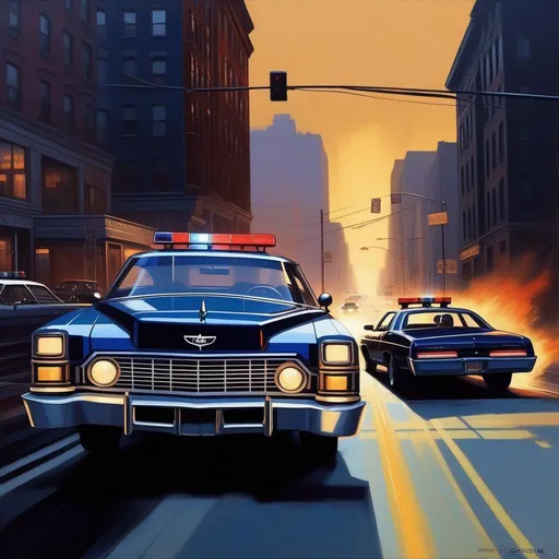 Prompt: GTA IV, car chase, cops, cartoony, dark blue atmosphere, extremely detailed painting by Greg Rutkowski and by Henry Justice Ford and by Steve Henderson