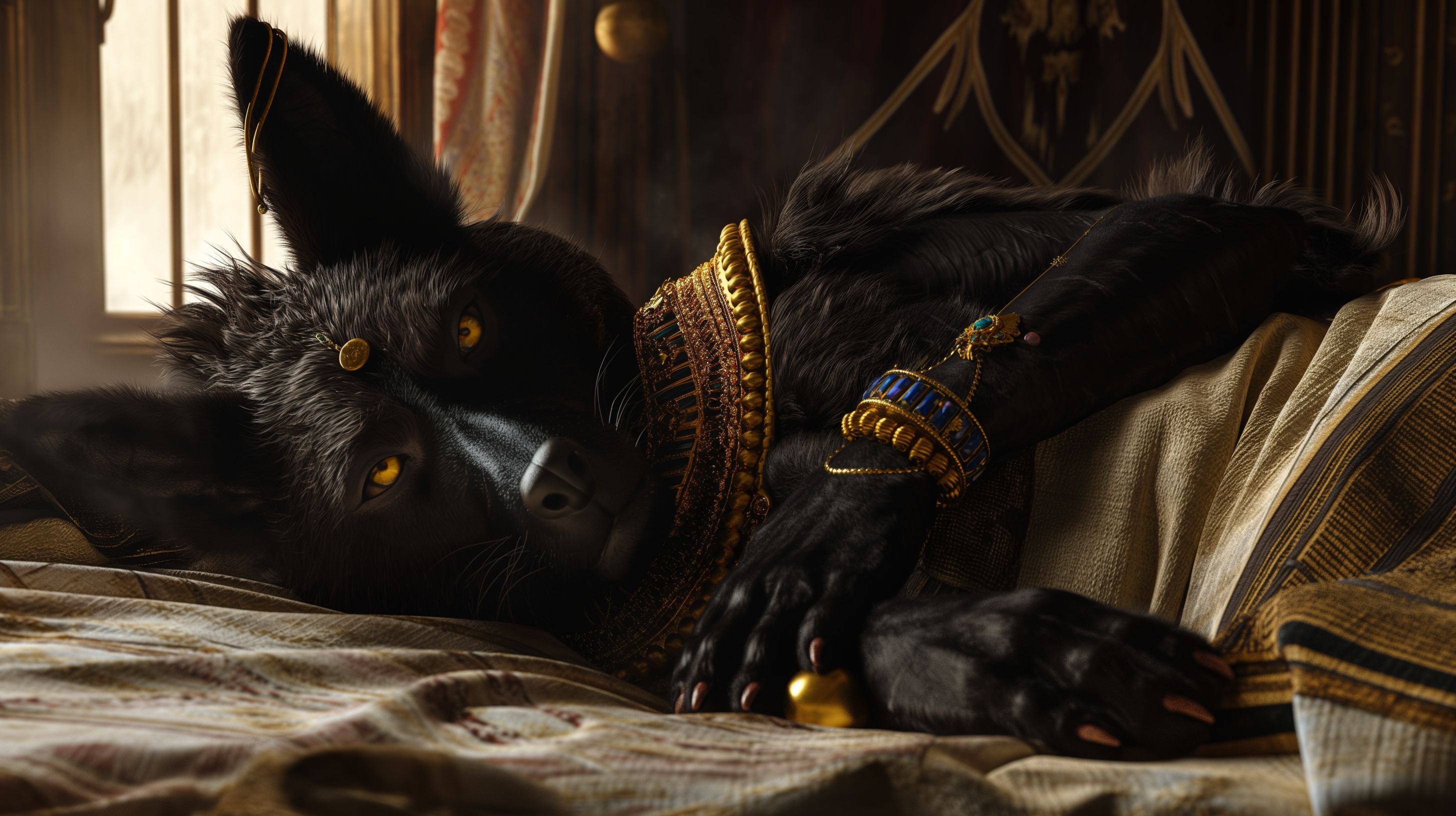 Prompt: a humanoid jackal, anthropromorphic, furry, the great god anubis, dark black fur, golden eyeliner, bright golden jewels, form fitting golden loin cloth, laying on his back on his bed with his head turned toward the viewer looking at you with a tender expression as the wind blows through his fuzzy thick fur, husband, lover, tender, photorealism, true to life animal, nitetime bedroom with curtains fluttering showing the moonlight and stars in the open window --ar 16:9 --v 6.0