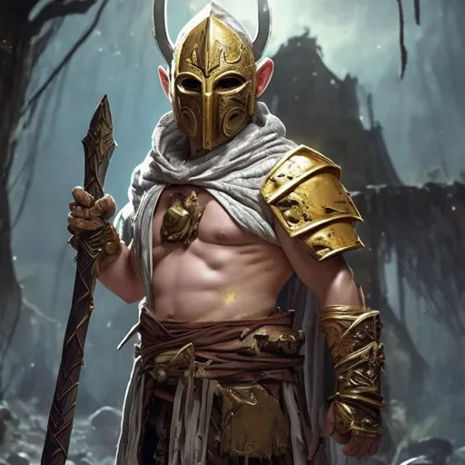 Prompt: baby man gold, Tall,   very white scarred skin, covered in bandages, gold tattered cloth armor exposes his midriff, hood of magical mask like,  large gold gem between pecs in chest, Barbarian, Strong, wielding large two-handed great-axe, Fantasy setting,