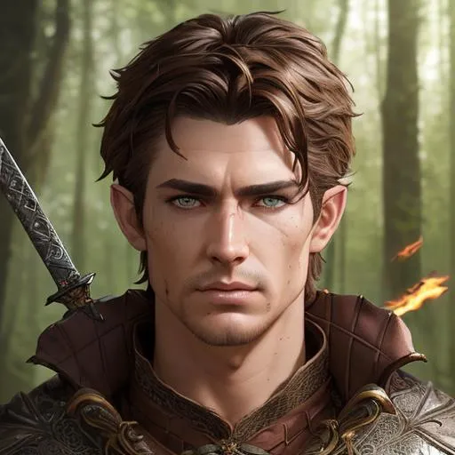 Prompt: Portrait of D&D character with brown hair and with a sculpted face, male, swordfighter, forest background, perfect composition, hyperrealistic, super detailed, 8k, high quality, trending art, trending on artstation, sharp focus, studio photo, intricate details, highly detailed, by greg rutkowski, broken nose, bombmaker, explosion background, 40 years old, heterochromatic eyes