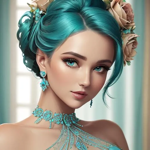 Prompt: Beautiful woman portrait wearing an turquoise evening gown, elaborate updo hairstyle adorned with flowers, facial closeup