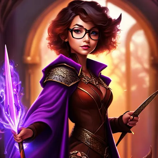Prompt: Warm colors, 3D, HD, oil painting, D&D fantasy, pin-up hobbit girl with brown skin, (tiny mature body), hexblade warlock, wearing purple robes, glasses, 