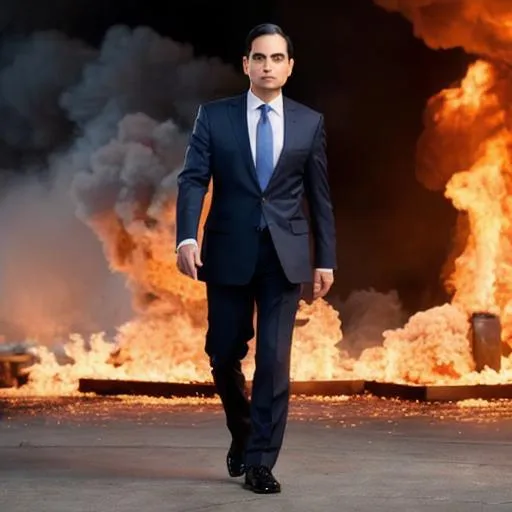 Prompt: Hyper realistic Ben Shapiro Walking away from an exploding Taco Bell, dramatic