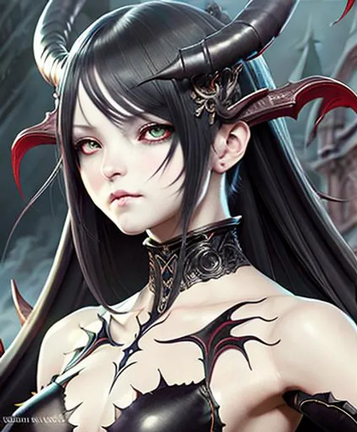 Prompt: highest quality full body, succubus, digital painting, highly-detailed symmetric face, cinematic dark cold color palette, spotlight,perfect composition, hyperrealistic, super detailed, 8k, high quality, sharp focus,intricate details, highly detailed, dynamic lighting, detailed and intricate environment, anime artstyle by Yusuke Kozaki