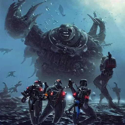 Prompt: Team of 6 deep sea divers With guns in their hands fighting a gigantic building sized monster with a throusand eyes ans many teeth , deep under the deep dark sea over an ancient  sunken city digital painting, artstation, illustration, concept art, smooth, sharp focus, art by Jude Palencar, Luis Royo, John Collier and Albert Aublet and Krenz Cushart and Artem Demura and Alphonse Mucha