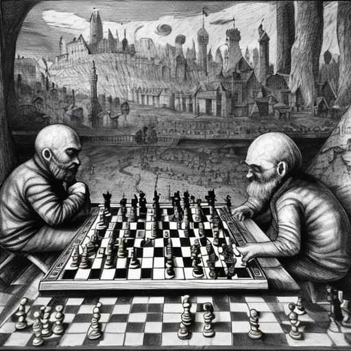 a giant and a smaller person playing chess on a boar... | OpenArt
