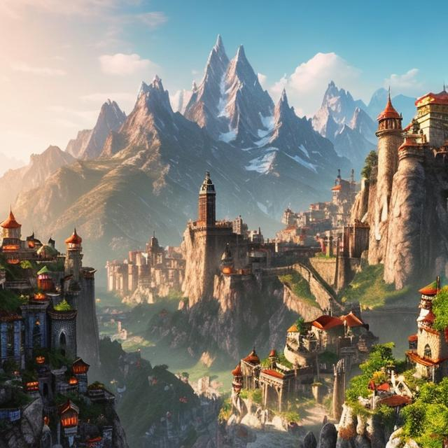 A fantasy realistic city of high mountains and a bri... | OpenArt