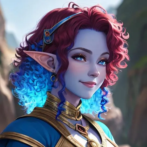 Prompt: oil painting, D&D fantasy, Blue-skinned-human girl, Blue-skinned-female, slender, elf ears, beautiful, short bright red hair, curly hair, smiling, pointed ears, looking at the viewer, Ranger wearing intricate adventurer outfit, #3238, UHD, hd , 8k eyes, detailed face, big anime dreamy eyes, 8k eyes, intricate details, insanely detailed, masterpiece, cinematic lighting, 8k, complementary colors, golden ratio, octane render, volumetric lighting, unreal 5, artwork, concept art, cover, top model, light on hair colorful glamourous hyperdetailed medieval city background, intricate hyperdetailed breathtaking colorful glamorous scenic view landscape, ultra-fine details, hyper-focused, deep colors, dramatic lighting, ambient lighting god rays, flowers, garden | by sakimi chan, artgerm, wlop, pixiv, tumblr, instagram, deviantart