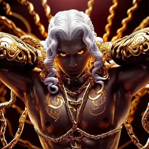 Prompt: Medusa, Gold, tattoo, Halfgod, Demigod, stars, Heaven, male, curly, fade, buffed, Lifegiver, beautiful, white, hyper realistic, bright, gold, god-like figure, royal, Chained, Unchained, Glowing eyes, Lucifer,Disturbed, Berserk, god hand, behelith, Berserk style, Super detailed, Blood red sky, Devilish figure, demonic rituals, dark, evil, gray, bloody, blood rain,