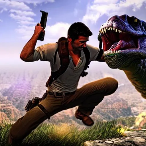 Prompt: Nathan drake vs dinosaur 