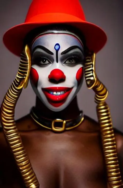 Prompt: Beautiful African American full body portrait of the clown, beautiful, smile, eerie look, intricate EBONY skin, glowing AMBER eyes, smoke effect coming from eye corneas, photorealistic, maximalism, creature design, dark fantasy, extra defined body physique, intricate facial structure, hyper detailed, 8K, Cinematic lightening